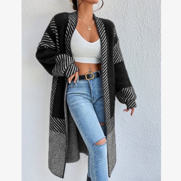Oversized Color Block Stripes Fuzzy Open Front Duster Sweater Cardigan - Picture 8 of 15